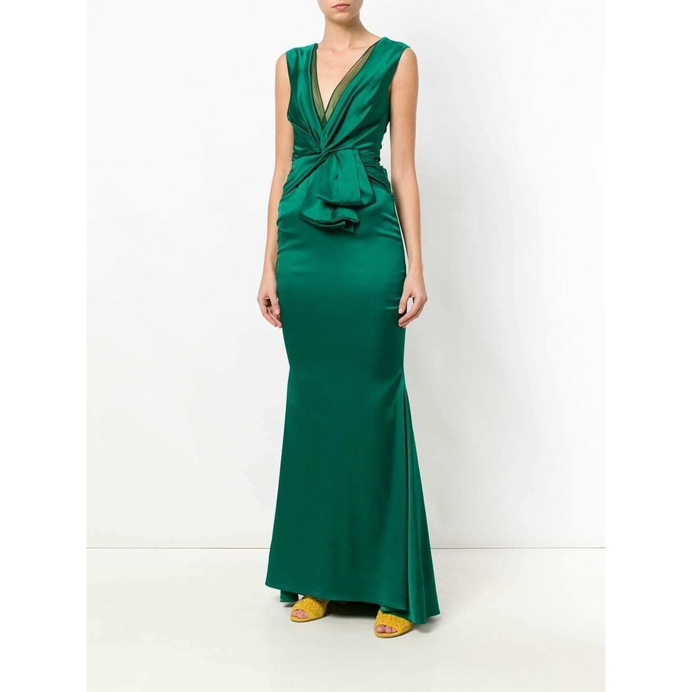 TALBOT RUNHOF Emerald POLIS-4 Bow Draped Satin Bodycon Mermaid Gown 6 US - 36EU
